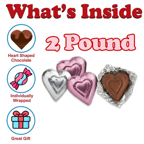 2 Lbs 100 Valentine's Day Milk Chocolate Hearts, Bulk, Individually Wrapped Pink and Silver Hearts, Extra Creamy Heart