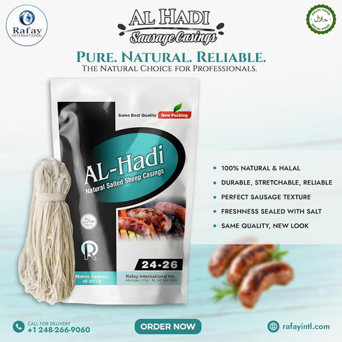 Al-Hadi 296ft (90m) 24-26 mm (90 HALAL Natural Sheep sausage Casings Edible Casings for Authentic Sausage Making