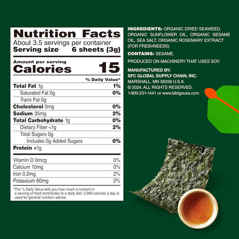 0.35 (Pack 12) Bibigo Seaweed Snack, Sesame Flavor, Non GMO, Gluten Free, Ounces