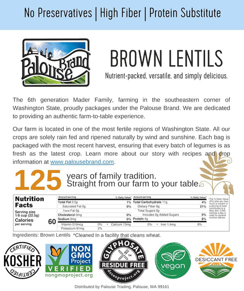 3 LBS Packaging 100% Palouse Brand Certified Glyphosate Residue Free Brown Lentils | Plastic Free | Family Farmed