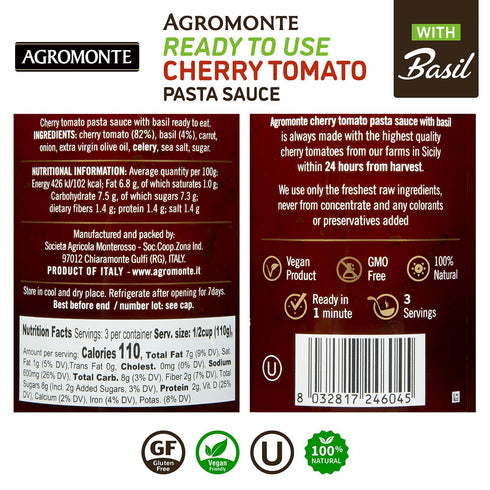 11.64oz (2 pack) Agromonte Authentic Italian Cherry Tomato Pasta Sauce with Basil - Taste of Italy Gourmet Foodie