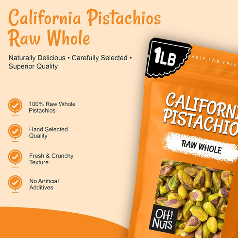 100% 1 lb Packed Oh! Nuts Pistachios No Shell - Raw - Natural - - Raw Whole California Pistachios - in New York