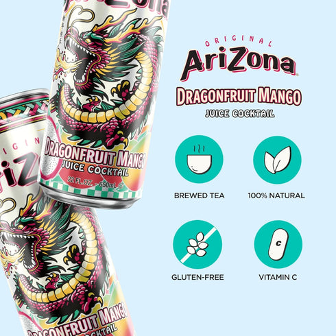 22 Oz (Pack 12) AriZona Dragon Fruit Mango, Fruit Juice Drink - Big Can, Fl
