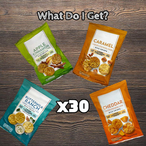 Pack 30 Count Rice Crisps Variety Multi-Grain Snack Bags Assortment Healthy, Low Calorie Snack Box for Adults and Kids