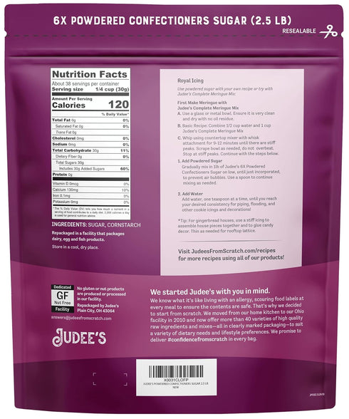 6X 2.5 lb 100% 6X Judees Powdered Confectioners Sugar - Non-GMO, Gluten-Free, and Nut-Free - Size Perfect for Icings