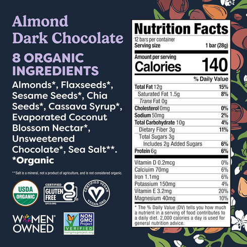 (6G 3s, 1oz, 12-Pack Tosi Nut Bars, Almond Dark Chocolate, Healthy Snacks for Adults & Kids, Plant Based Crunchy Bars