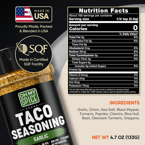 Taco Seasoning Mix - Gluten Free & Low Sodium Garlic Powder Blend for Tacos, Fajitas & Burritos, 4.7oz