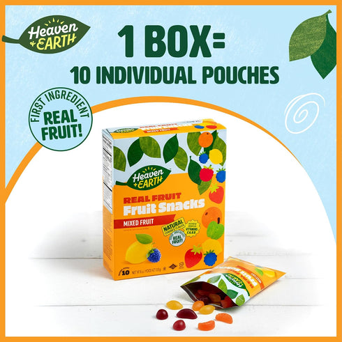 .8 oz (10 Gummies Heaven & Earth Fruit Snacks, Mixed Fruit, Pouches) | Real Fruit for Kids | School Safe, Natural
