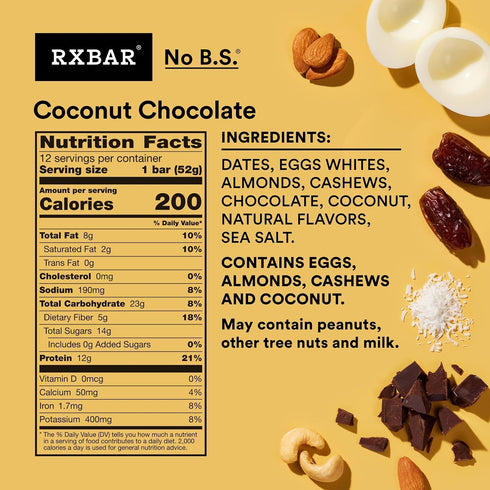 22oz (12 Count) RXBAR Protein Bars, Protein Snack, Snack Bars, Coconut Chocolate, Box