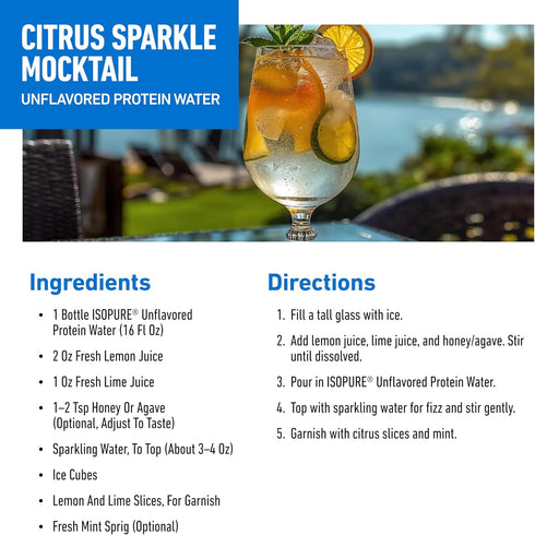 15g 20 oz 12-Pack Isopure Clear Protein Water with Electrolytes, Whey Protein Isolate, Zero Sugar, Unflavored, fl
