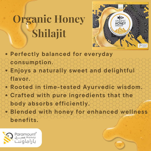 Pack 30 10Gram Paramount Organic Honey with Shilajit - Pure & Natural Jelly, Honey Bee Pollen (Large of Sachets Each)