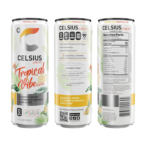 12 Oz (Pack 12) CELSIUS Sparkling Tropical Vibe, Functional Essential Energy Drink Fl