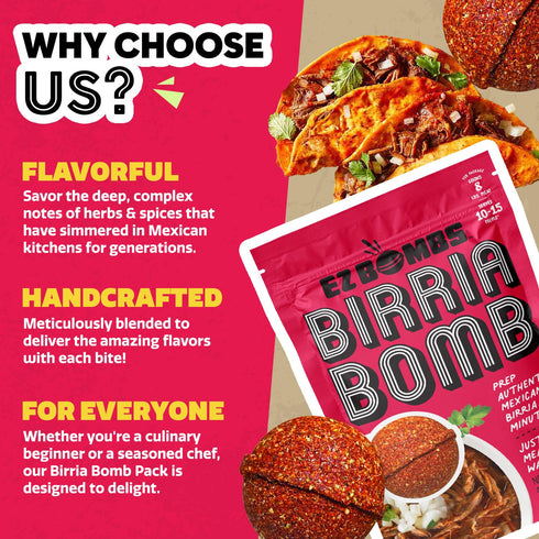 Pack 2 EZ Bombs Birria Bomb Seasoning, of Authentic Mexican Spice Mix for Tacos, Burritos, Nachos, and Quesadillas Made