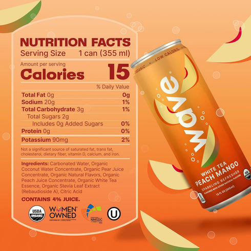 |12 Pack WAVE Organic Sparkling Drink | Low Calorie Drink, Peach Mango Lightly Carbonated | Great Natural Soda
