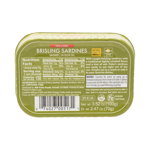 3.52-Ounce (Pack 1) MW Polar Smoked Brisling Sardines, Wild Caught, in Olive Oil