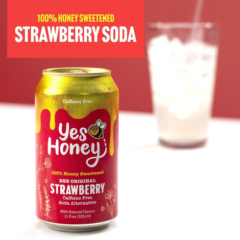 11oz (12-Cans), 100% Yes Honey Soda Strawberry Honey-Sweetened Healthy Soda, Alpha Gal Friendly, Gluten Free, Caffeine