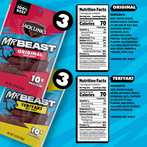 Pack (6 Pack) 0.9 oz 10g 100% 6 Count Jack Link's x MrBeast Beef Jerky, Original & Teriyaki Beef Jerky Variety - Bags