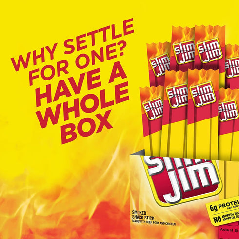 6g 0.28 oz. (26 Count) Slim Jim Smoked Meat Sticks, Original Flavor, Protein Per Serving, Snack Size