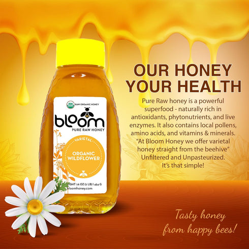 BLOOM PURE RAW HONEY 100% 16oz Bloom Honey Pure Honey Raw Unfiltered and Unpasteurized Raw Honey - Organic Wildflower
