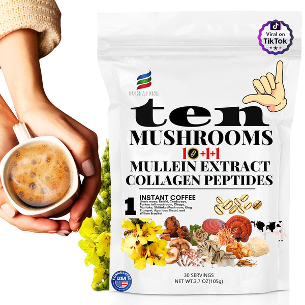 SUNDAFONE Mushroom Coffee with Grass-Fed Collagen, Mullein,Lion's Mane, Reishi and 10 Adaptogenic Mushrooms;