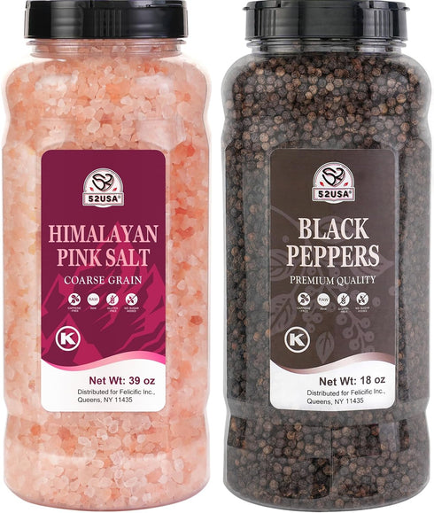 52USA Whole Black Peppercorns 18 oz + Himalayan Pink Salt (Coarse Grain)