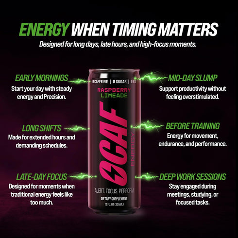 12 oz (Pack 12) CAF Energy Paraxanthine Energy Drink, Caffeine Alternative, Sugar Free, Raspberry Passionfruit, Smooth