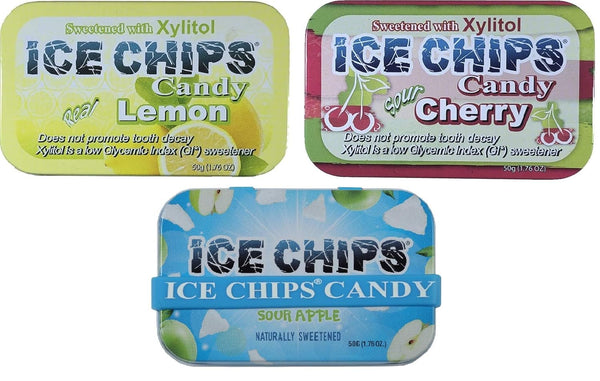 ICE CHIPS Xylitol Candy 3 Pack Assortment (Sour Apple, Sour Cherry, Lemon) 5.28 OZ