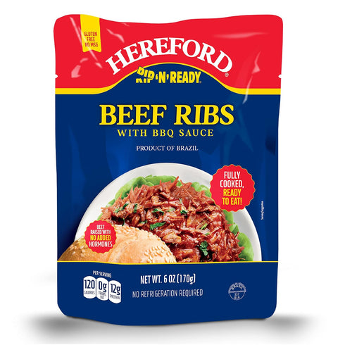 12g 6oz 12) Hereford Beef Ribs with BBQ Sauce | Shelf Stable | Fully Cooked | Ready-to-Eat | Beef Raised with No Added