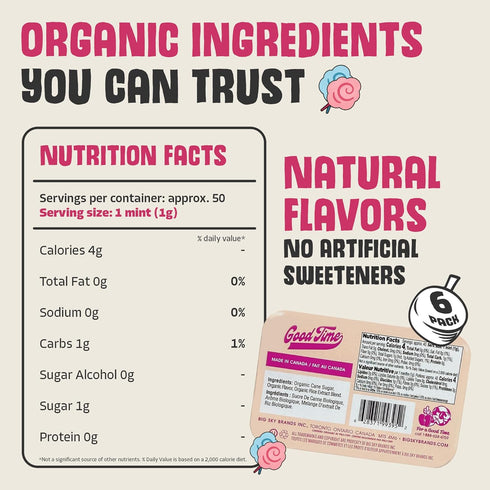 40 Count (Pack 6) Good Time Organic Mints - Cotton Candy | Cane Sugar, Natural Flavors, No Artificial Colors