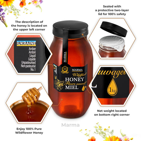 100% 1000g/35.2oz Pack 2 HONIGMA Marma Wildflower Honey | Authentic Raw Honey from Ukraine | Pure & Unpasteurized | |