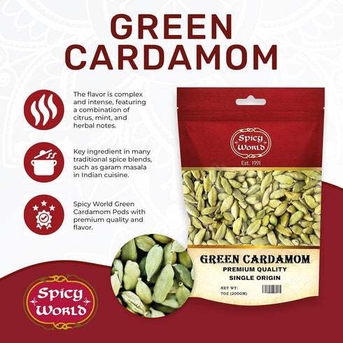 Spicy World Whole Green Cardamom Pods, 7 Oz Large Bag (200g), Natural Spice, Vegan, Aromatic