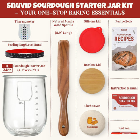 Snuvid 1 (34 oz) Set L Sourdough Starter Jar Kit, Wide Mouth Potbelly Crock - Glass Sour Dough Starter Bread Jar