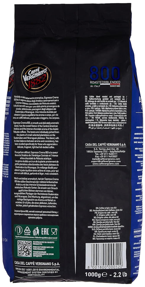 800 2.2 Lb (1 Caffe Vergnano Espresso Roast "Crema Blend" Whole Bean Coffee | Bag kilo) | Imported from Italy