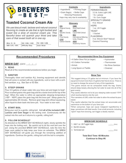 Brewer's Best -5 Home Brew Beer Ingredient Kit Gallon(Toasted Coconut Cream Ale)