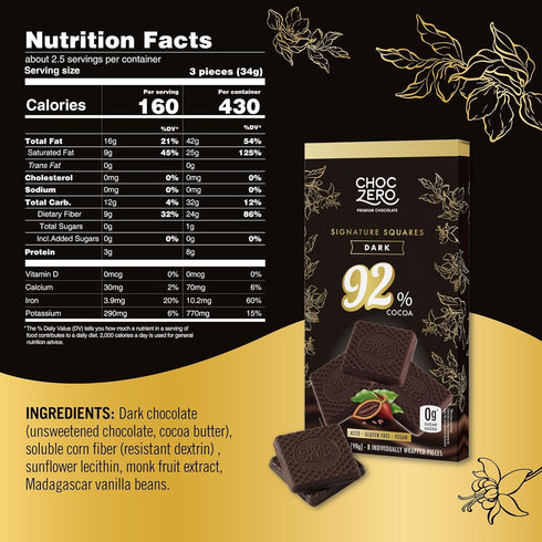 92% 4 Count (3.2 oz ChocZero Cocoa Ultimate Dark Chocolate Squares Sugar Free, Vegan, Keto Friendly & High Fiber, No