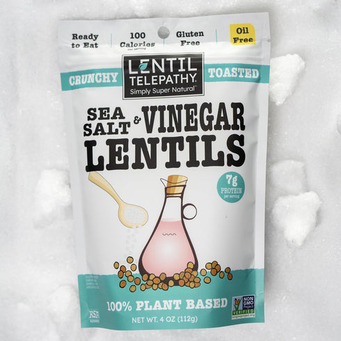 4 oz Lentil Telepathy Sea Salt & Vinegar Crunchy Whole Lentil Snack, OIL FREE, Never Fried, Plant Based, Gluten Free