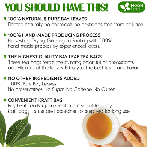 40 100% FreshDrinkUS, Premium Bay Leaf Tea Bags, Natural & Pure from Bay Leaves. Loose Leaf Bay Herbal Tea. Made