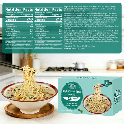 22g 8-Pack VOLO VERO High Protein Ramen Noodles, Plant-Based Protein Noodle Variety - Chicken & Spicy Beef Flavor
