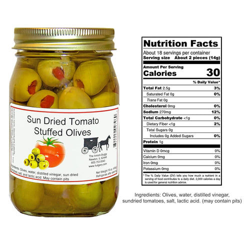 Arndts Fudgery DBA The Amish-Buggy 16 oz. Stuffed Large Olives - Choose Two Jars (Sun Dried Tomato Stuffed Olives)