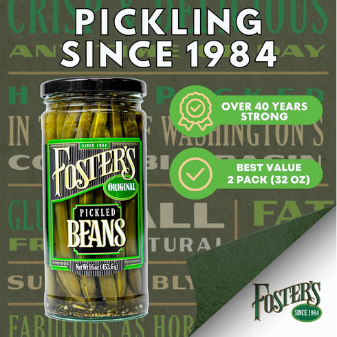 16oz, 2 Pack, 40 Foster's Pickled Green Beans in a Jar, Original, Traditional Pickled Vegetables Recipe for over years