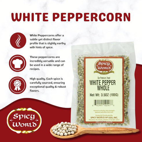 Spicy World Whole White Pepper 3.5 Ounce | 100% Natural & Pure White Peppercorns for Grinder Refill