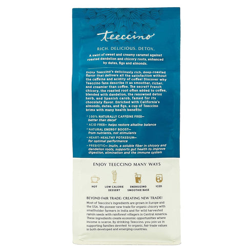 10 oz Teeccino Dandelion Caramel Nut Herbal Coffee - Caffeine-Free Coffee Alternative with Prebiotics, Gluten Free