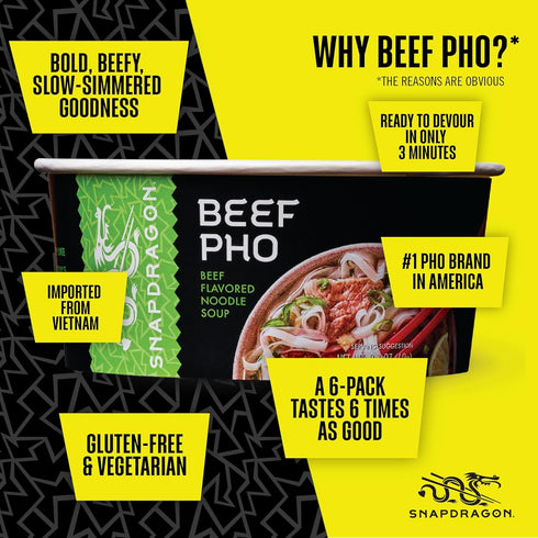 6-Pack 3-Minute Snapdragon Pho Bowls - Instant Noodles with Slurpable Vietnamese Beef Pho Broth and Gluten Free Rice