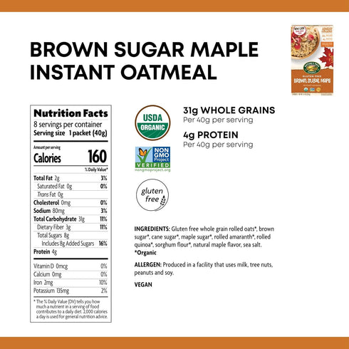 32 Packet, 31g 4g 11 Ounce(Pack 4) Nature's Path Organic Gluten Free Brown Sugar Maple Instant Oatmeal, Non-GMO, Whole