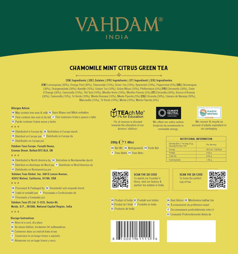 (100 Count) VAHDAM, Chamomile Mint Citrus Green Tea Bags Low Caffeine, Non GMO, Gluten Free | Sweet & Floral |