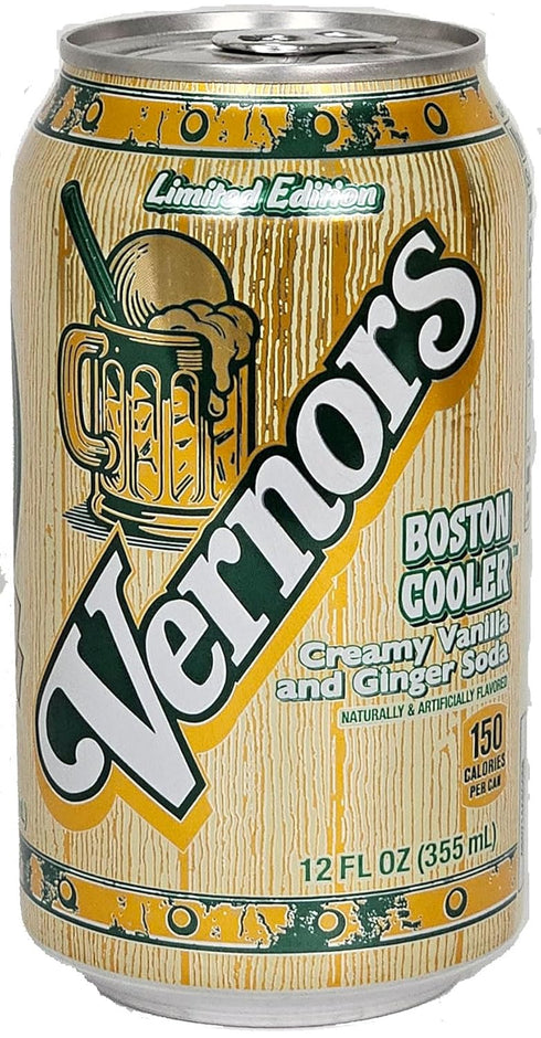 Vernors 12-pack 12-ounce pack (12-count) Ginger Soda (ale) Boston Cooler Edition creamy vanilla cans in fridge