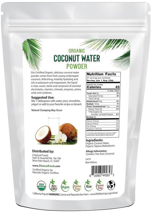 1 lb Z Natural Foods Organic Coconut Water Powder - Energy & Electrolyte Support - Perfect Pre/Post Workout - Vegan