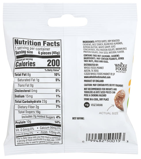 365 Vegetarian,1.58 by Whole Foods Market, Chewy Protein Bites, Vanilla Cashew & Almond Flavor, Ounce