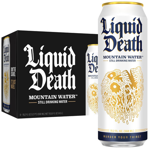 Liquid Death, Still Mountain Water, 8-Pack (19.2oz Cans), Real Mountain Source, Infinitely