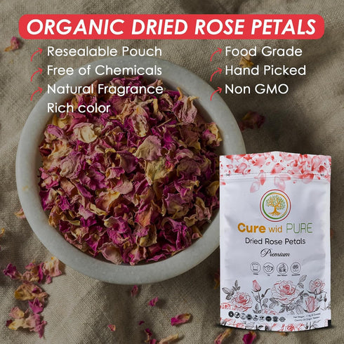 4 oz Cure Wid Pure Certified Organic Dried Rose Petals Food-Grade Edible Rose Petals for Tea,Cocktails,Baking,Skincare